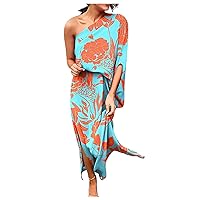 Summer Dress for Women 2023 Sexy One Shouder Long Formal Dress Floral Loose Casual Ruched Bodycon Midi Dress Cocktail Party Wedding Guest Dresses Fashion Clothes(C Cyan,X-Large)