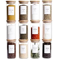 12 Pcs Glass Spice Jars With Bamboo Airtight Lids 8oz Thicken(2.4mm) Spice Containers With 148 Minimalist Preprinted Waterproof Spice Labels Kitchen Empty Small Storage Jars For Seasoning, Herb