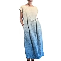 Women Cotton Linen Elegant Plain Maxi Dress Summer Lounge Loose Fit Vintage Cap Sleeve Round Neck A-Line Dresses