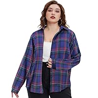 RITERA Womens Plus Size Top Flannel Plaid Shirt Roll Up Long Sleeve Button Down Shirts Casual Fall Boyfriend Tops Blouse Blue Plaid XL 14W 16W