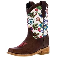 Kids Brown Western Cowboy Boots Flowers Leather Square Toe Vaquera