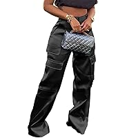 Satin Cargo Pants for Women High Waisted Multi-Pocket Straight Trousers Y2K Streetwear