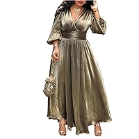 Women's Plus Size Long Sleeve Dress V-Neck Slit Bronzing High Waist Flowy Maxi Dress