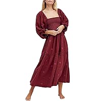 Women's Floral Embroidered Maxi Dress Puff Long Sleeve Square Neck Smocked Tiered Ruffle Dress Boho Flowy Long Dresses