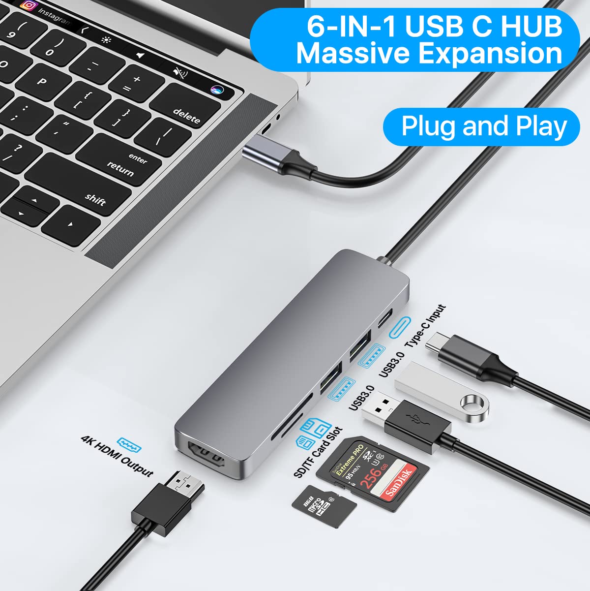 USB C Hub, 6 in 1 HDMI Dongle USB C to Multiport Adapter with 4K HDMI, Power Delivery, 2 USB 3.0 Ports, SD/TF Card Reader Compatible with MacBook Pro/Air, XPS, Chromebook, Nintendo, etc