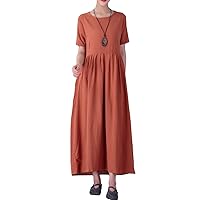 Women's Casual Loose Long Soft Tunics Summer Cotton Linen Maxi Dresses Two Pockets