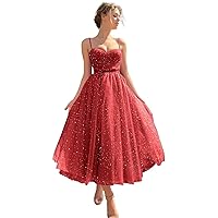 Sparkly Starry Tulle Prom Ball Gown Puffy Sweetheart Spaghetti Straps Tea Length Evening Gowns for Teens Formal