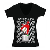 Women's Santa Keg Stand Beer Frat Ugly Christmas V-Neck Short Sleeve T-Shirt
