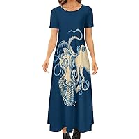 Octopus and Astronauts Women's Summer Casual Short Sleeve Maxi Dress Crew Neck Printed Long Dresses