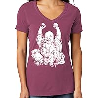 Ladies Ultra-Soft Laughing Buddha 100% Cotton V-Neck Tee Shirt