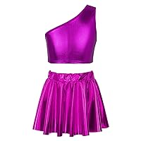 CHICTRY Kids Girls Metallic One Shoulder Crop Top with Ruffle Mini Skirt Outfit Set for Dance Performance