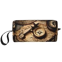 Compass And Old World Map Print Portable Cosmetic Bag Zipper Pouch Travel Cosmetic Bag, Travel Organizer Daily Organizer, Small Toiletry Organizer Travel Wallet