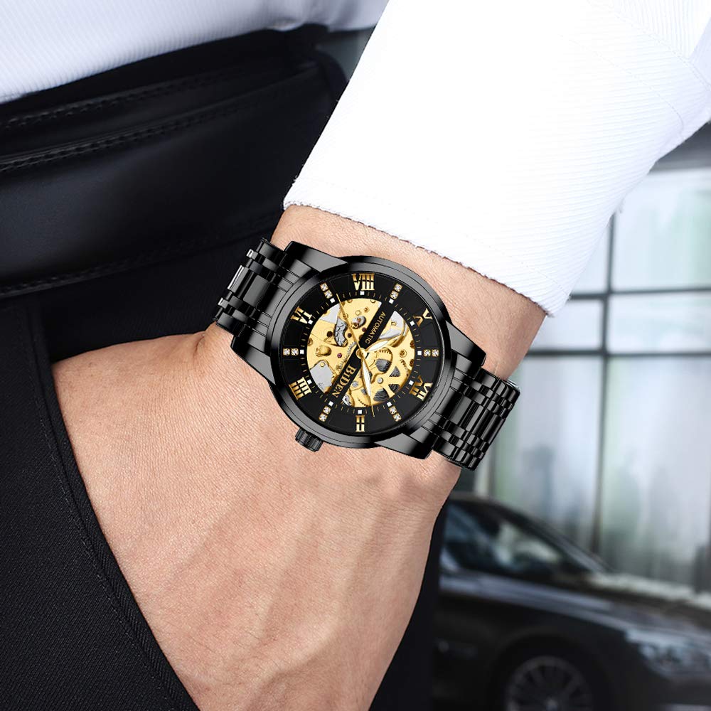 Mens Watches Mechanical Automatic Self-Winding Stainless Steel Skeleton Luxury Waterproof Diamond Dial Wrist Watches for Men