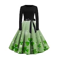 Women's Shamrock Dress Classic Dress Long Sleeve St. Patrick's Day Print Crew-Neck Swing Dress Outfits, S-2XL
