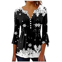 Basic Tops for Women Comfort Wide Sleeve Three Quarter Sleeve V-Neck Printing Button Front Womens Tops Casual
