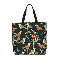 Bamboo Birds Pattern Tote Bag with Zipper for Women Inside Mesh Pocket Heavy Duty Casual Anti-water Cloth Shoulder Handbag Outdoors