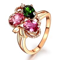 Amazing Design Gemstone Natural Tourmaline Real Diamond 14K Rose Gold Wedding Engagement Band Ring Set