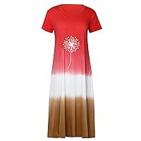 Women's Casual Dress Printed V Neck Baggy Loose Beach Dress Maxi Dress Long Dress Short Sleeve