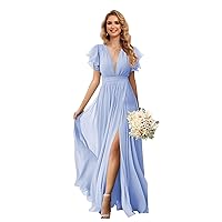 Women Ruffle Sleeves Chiffon Bridesmaid Dresses V Neck A-Line Ruched Formal Evening Ball Gowns with Slit 2024