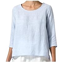 Cotton Linen Shirts for Women, Womens 3/4 Sleeve Casual Loose Tunic Tops Summer Crew Neck Solid Color T Shirt Blouse