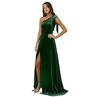 Basgute One Shoulder Velvet Bridesmaid Dresses for Wedding Long A Line Formal Evening Party Gown with Slit for Women