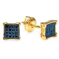 0.10 Carat (ctw) 18K Yellow Gold Plated 925 Sterling Silver Blue Diamond V-Prong Mens Iced Stud Earrings