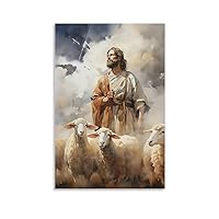 Jesus And The Lost Lamb, Jesus Leaves, Gloomy Sky, Jesus Looks Into The Distance, A Flock of Lambs Full of Grace And Power, Faithful Home Decoration Canvas Art Poster And Wall Art Picture Print Modern