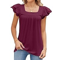 Women Solid Color Pleated T-Shirt Double Lace Sleeve Stitching Square Collar Petal Short Sleeve T-Shirt Top