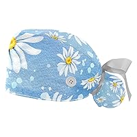 Daisy Flower Adjustable Working Cap with Ponytail Holder 2 Packs Scrub Cap Bouffant Hat for Men & Women, One Size