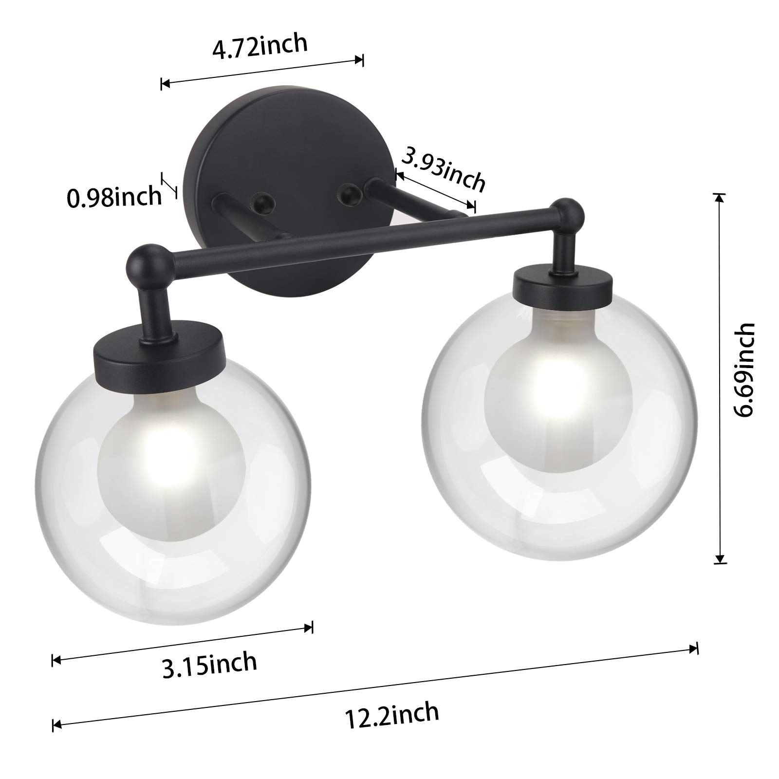 Bathroom Light Fixtures, 2 Light Matte Black Vanity Light Wall Sconce light with 2 G9 Led bulb with Glass Shade, 3.15 Inch 650LM Modern Wall Lamp for Bath Vanity Living Room Hallway Kitchen Bar Stairs