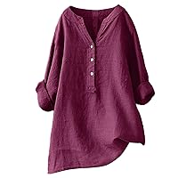 Tops for Women Casual Linen Elegant Long Sleeve Crewneck Loose Fit Tops Blouses Shirt Button Down V Neck Tunic Tops
