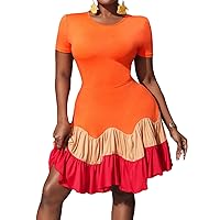 Milumia Women's Summer Colorblock Flounce Hem Round Neck Short Sleeve Splicing Slim Mini Dress