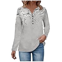Solid Basic Tops for Women Vintage Button Long Sleeve Henley T-Shirt Casual V Neck Comfy Tees Fall Fashion