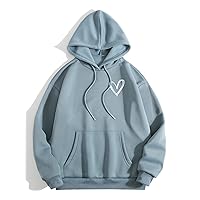 sweatshirts for women - Heart Print Thermal Lined Drawstring Hoodie (Color : Dusty Blue, Size : Large)