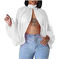 2024 Womens Chiffon Tops Open Front and Back Sexy Trendy Blouse Lantern Long Sleeve Mock Neck Self Tie Sheer Shirts