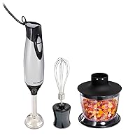4-in-1 Electric Immersion Hand Blender with Handheld Blending Stick, Whisk + 3-Cup Food & Vegetable Chopper Bowl, 2-Speeds, 225 Watts, Silver and Stainless Steel (59765)