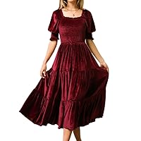 Womens Fall Winter Velvet Dress Puff Sleeve Square Neck Smocked Tiered Ruffle A-Line Flowy Midi Dress 2023