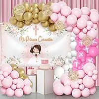 MEHOFOND Baptism Decorations for Girls Mi Primera Comunión First Holy Communion Balloon Kit Christening God Bless Baptism Party Decorations Pink Balloon Garland Kit with Banner Cross Balloons