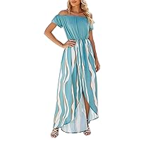 Off The Shoulder Romper Dress for Women Trendy High Split Short Sleeve Maxi Dress Flowy Zebra-Stripe Summer Long Dress