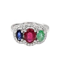Natural Ruby Emerald Sapphire Mix Gemstone 925 Sterling Silver 8X6 MM Oval Cut Dual Birthstone Three Stone Cluster Unisex Proposal Ring For Girlfriend Gift