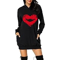 Women's Long Sleeve Dress Fashion Valentine's Day Letter Print Hooded Pockets Sweatshirt Dress Sexy, S-2XL