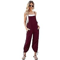Flygo Cotton Linen Black Overalls for Women Loose Fit Adjustable Bib Overall Jumpsuit Rompers