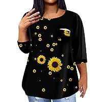Tops for Women Plus Size Plus Size Tops for Women Sunflower Print Casual Fashion Trendy Loose Fit with 3/4 Sleeve Round Neck Shirts Black 4X-Large