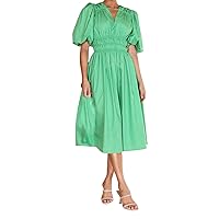 Women's Summer Dresses Casual Women's V Neck Waistband Short High Waisted Bubble Sleeved Dress(2-Green,Large)