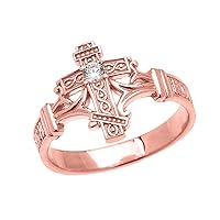 ROSE GOLD SOLITAIRE DIAMOND ORTHODOX CROSS WITH ENCRYPTED RUSSIAN PRAYER ELEGANT RING - Gold Purity:: 10K, Ring Size:: 7.50