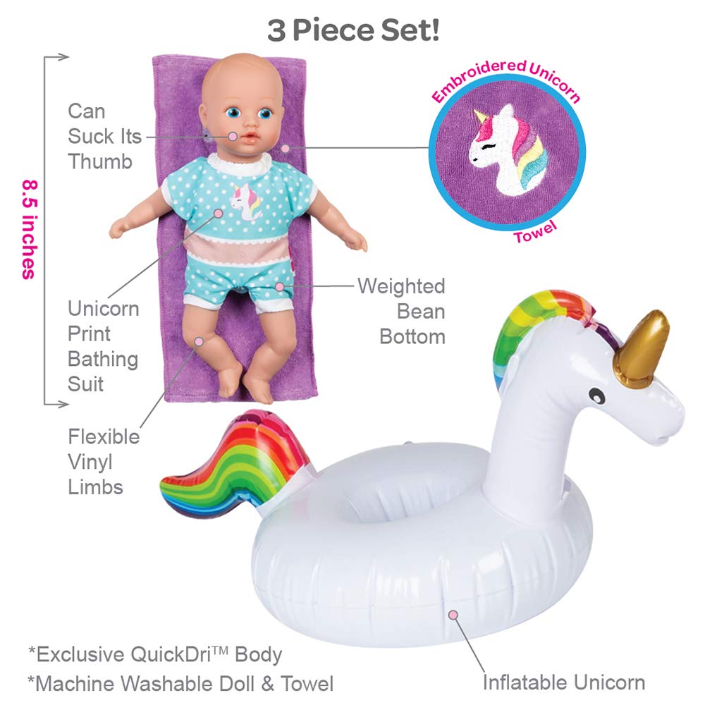 Adora Water Baby Doll, SplashTime Baby Tot Magical Unicorn 8.5 inch Doll for Bathtub/Shower/Swimming Pool Time Play