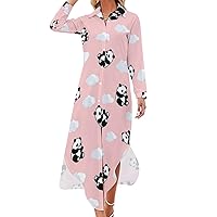 Pink Cute Panda Bear Women's Shirt Dress Long Sleeve Button Down Long Maxi Dress Casual Blouse Swing Dresses