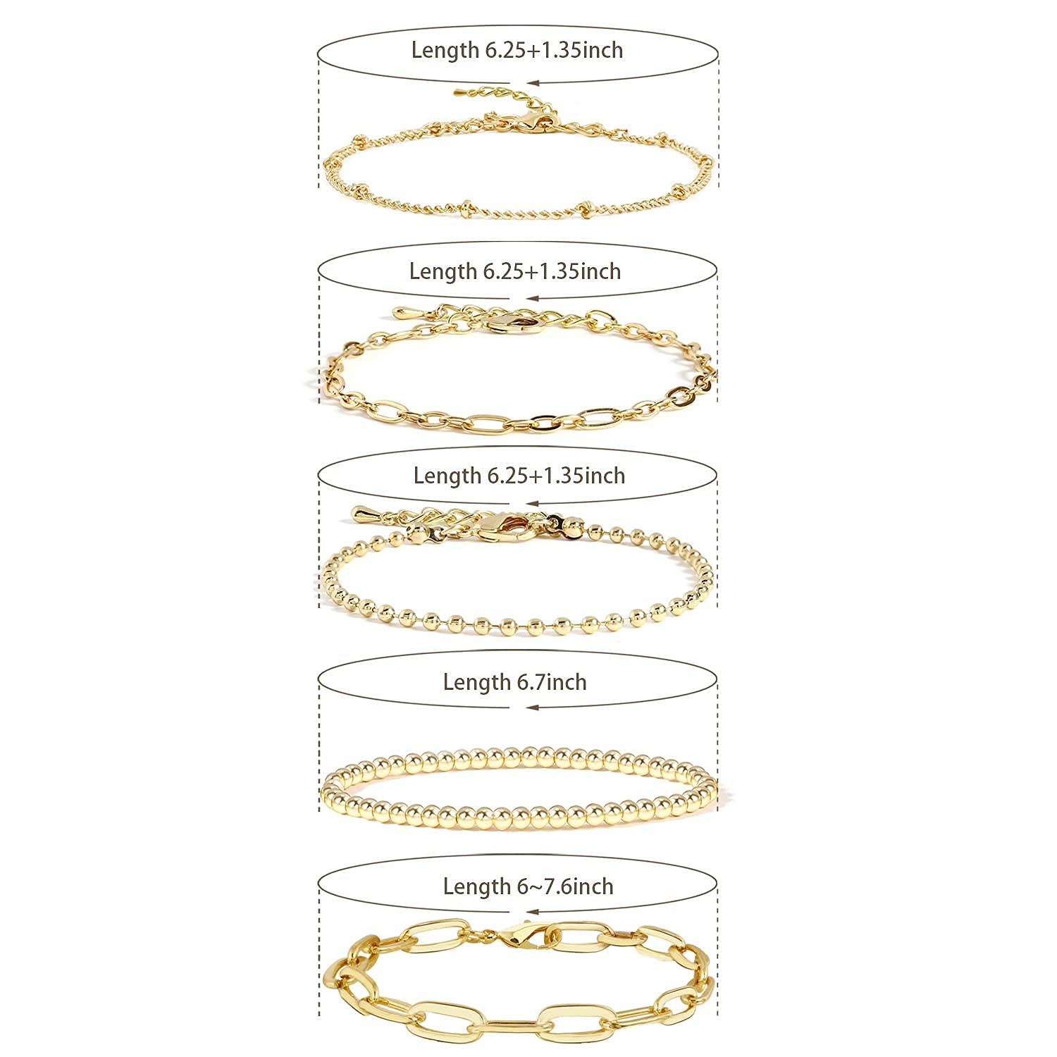CONRAN KREMIX Gold Chain Bracelet Sets for Women Girls 14K Gold Plated Dainty Link Paperclip Bracelets Stake Adjustable Layered Metal Link Bracelet Set Fashion Jewelry