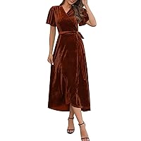Women's Elegant Velvet Long Sleeve Wrap V Neck Ruched Bodycon Cocktail Party Maxi Dress Holiday New Years Eve Dress
