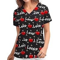 Love Print Loose Fit Long Tops for Women Summer Fall Short Sleeve V Neck Work Scrub Tops Shirt Blouses Women 2024